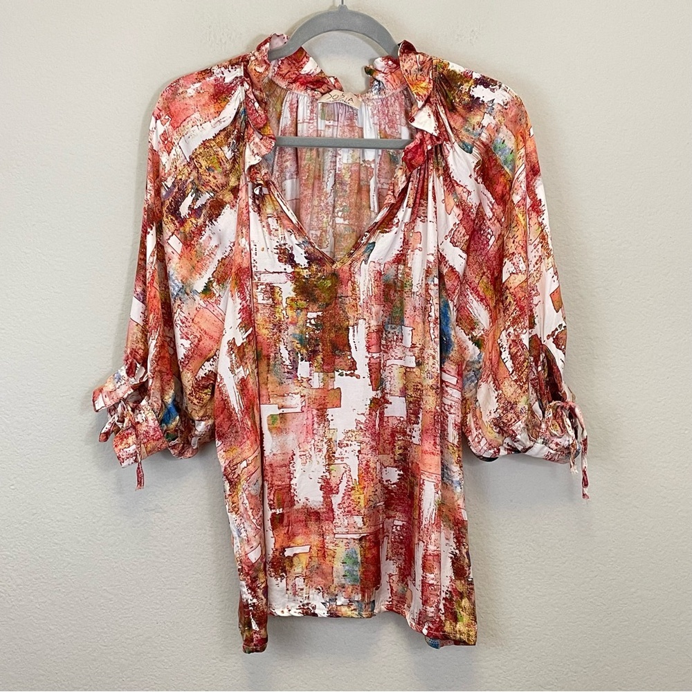 Sofia Made in Italy Abstract 3/4 Ruffle‎ Neck Satin Eloise Blouse One Size